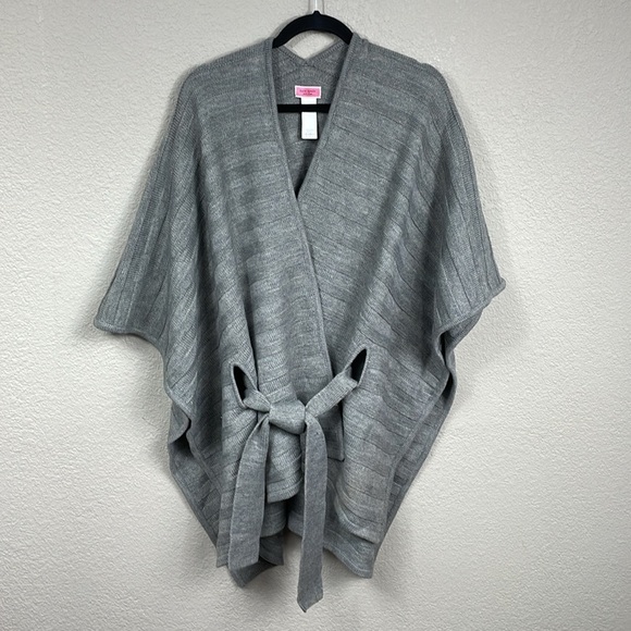 New Kate Spade Texture Stripe Belted Ruana Cape Cardigan One Size Wool Gray - Picture 2 of 10